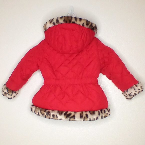 "Pistachio" Girls Quilted Hooded Coat Red & Animal Fur Trim (3T) - Picture 6 of 8